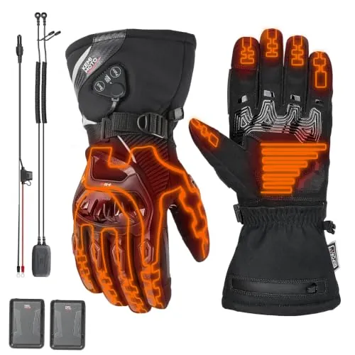 KEMIMOTO Guantes Calefactable, Doble Alimentación por 3000mAH Batería o 12V | Calefacción y Carga Simultáneas Durante la Ruta, Conexión Magnética Rápida, Doble Zona Control, Impermeable para el Invierno