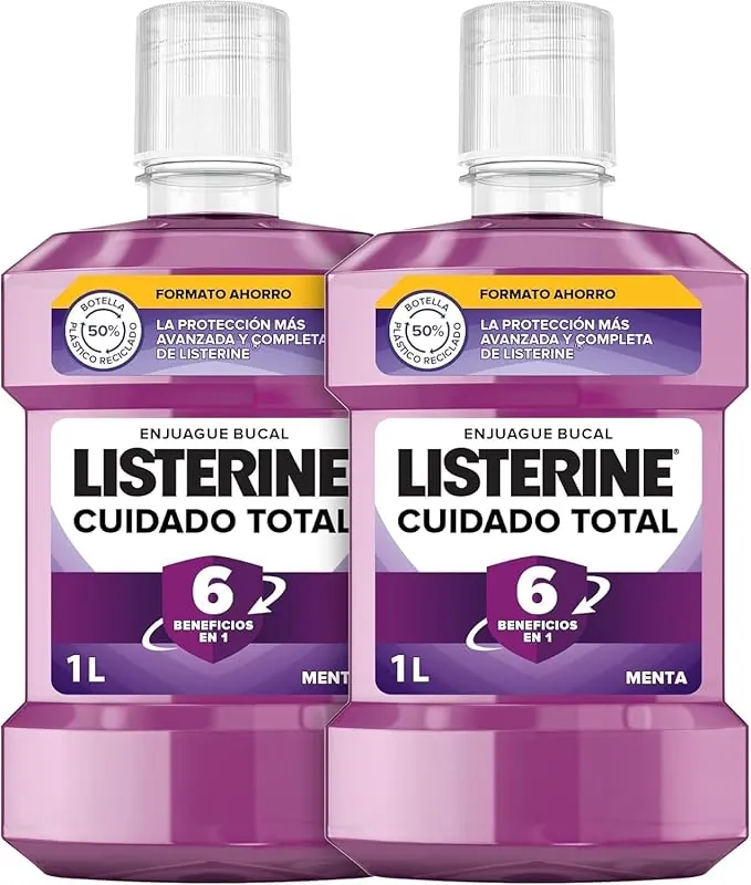 Listerine Cuidado Total (pack de 2 x 1 L), enjuague bucal con flúor, colutorio bucal con 6 beneficios en 1, elixir bucal para una limpieza bucal completa