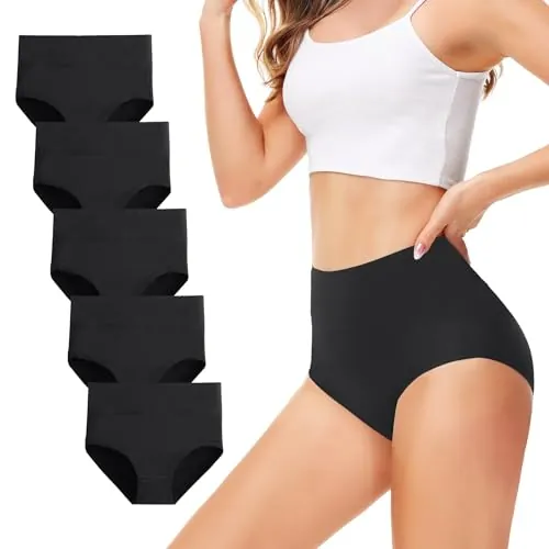TUUHAW Bragas Altas Mujer Algodon Braguitas Talle Alto Pack de 5 Negro XL