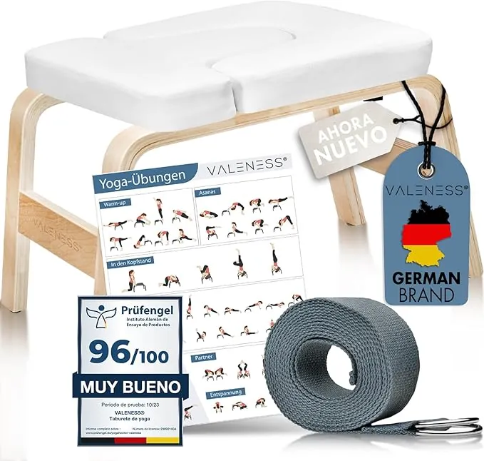 VALENESS® Silla Inversion Yoga Taburete de Yoga Silla - Taburete Yoga con Correa Yoga, Bloque de Yoga y Poster con Ejercicios - Silla de Yoga para Ejercicios de Madera