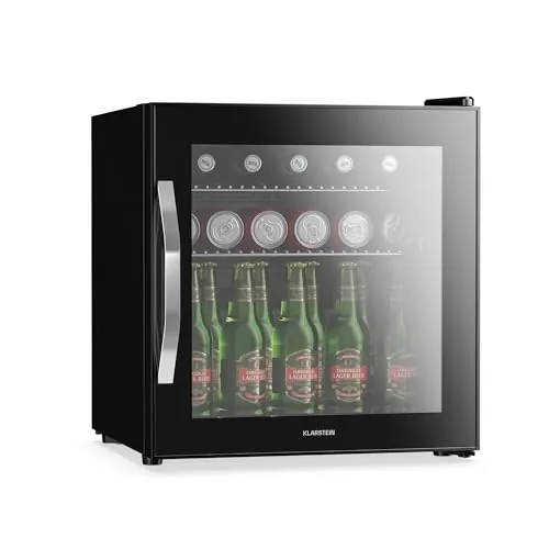 KLARSTEIN Nevera Para Bebidas, 47L - Puerta Cristal Espejo, Temperatura 0-13°C, LED, 2 Estantes Extraíbles, Frigorifico Para Bebidas, Mini Nevera Bar