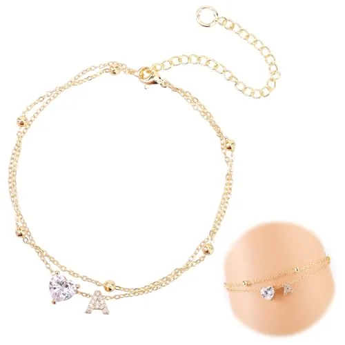 Mikovivi Tobilleras para Mujer, Ajustable Diseño Corazón con Letras Resistente Agua Dorada Pulsera Tobillera Mujer Inicial Ideal para Playa Verano Cadena Letras en Capas Decoración y Regalo(Letra A)