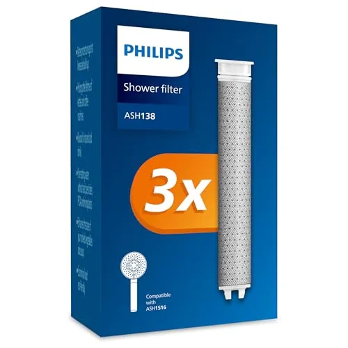 Philips Water Alcachofa de ducha con filtro – Filtro de repuesto 3 PACK, elimina eficazmente el cloro y otras partículas grandes, capacidad de filtrado de 1 mes