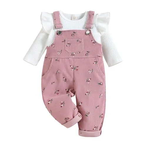 UUAISSO Ropa Para Niñas Pequeñas Camisetas de Manga Larga Punto Acanalado Pantalones Tirantes Florales y Bolsillos Conjuntos rosa 2-3 años