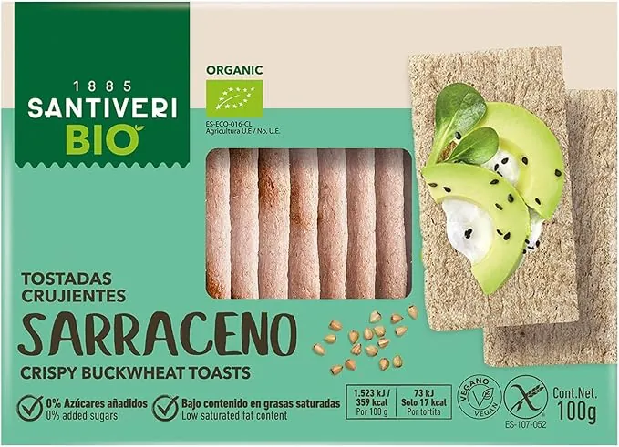 SANTIVERI - Tostadas de Trigo Sarraceno Bio Sin Gluten – Crujientes y Ligeras, 0% Azúcares Añadidos, Veganas, con Ingredientes Ecológicos – 100 g