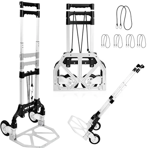 JUPPLIES Carretilla Plegable de Mano Portátil de Aluminio + 5 Cuerdas - MAX 75 Kg – 100x40cm Carro de Carga con Ruedas – Carrito de Transporte Compacto para Hogar, Oficina y Viajes.