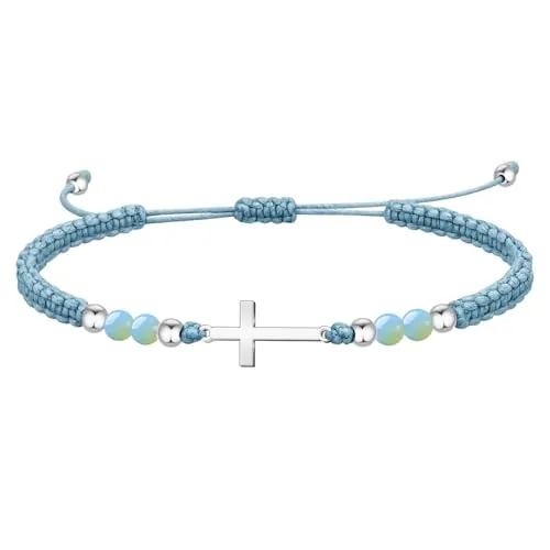 cotigo Pulsera Hilo Encerado con Opalina Natural y Cruz Latina en Acero Inoxidable - Amuleto de Fe, Esperanza y Protección Ajustable - Regalo Original Mujer, Hombre y Niños (Opalina)