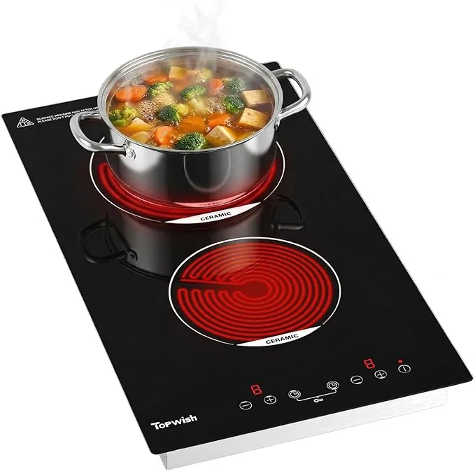 Topwish placa vitroceramica 2 fuegos, vitroceramica 2 fuegos, vitrocerámica 30cm encastrable con cierre de seguridad, indicador de superficie caliente, con enchufe, 3000W