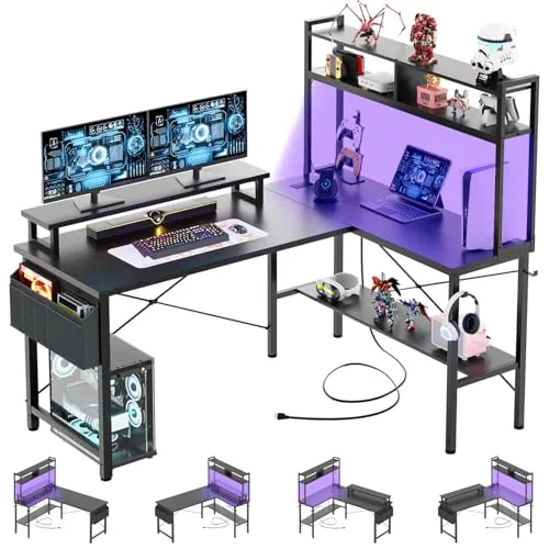 iSunirm Escritorio Gaming con LED,125x90 cm Escritorio en L con Enchufes y Puerto de Carga USB,Mesa para Ordenador con Estante para Monitor para Oficina en Casa,Negro