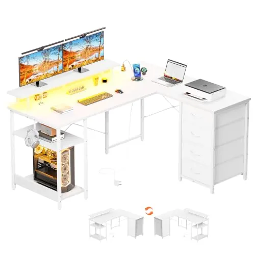 YOUDENOVA Escritorio con 4 Cajones, 142x107cm, Escritorio Esquinero Reversible con LED y Enchufe, Escritorio Gaming en L con Soporte para Monitor, Mesa Escritorio para Home Office y Gamer, Blanco