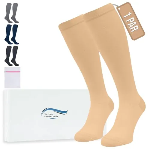 360 Relief Medias de Compresión Mujer y Hombre - 1 Par Calcetines de Compresión para Deportes, Correr, Volar, Viaje, Trabajo, Footing - S/M Beis con Bolsa de Malla