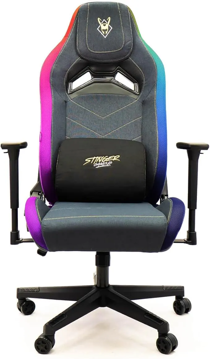 Woxter Stinger Station Elite RGB Golden/Silver - Silla Gaming con Luces Led RGB, Levantamiento por pistón Gas, Tela Antimanchas, Reposabrazos 3D, Cojín Lumbar Regulable y Cervical Integrado