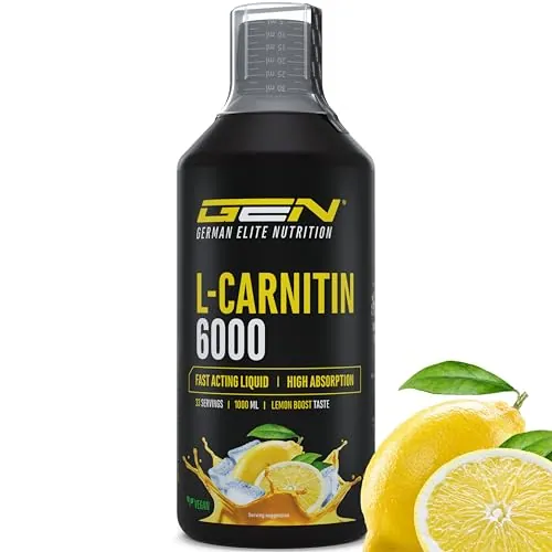 L-Carnitina 6000 Líquido - 1000 ml - Dosis extra alta con 6000 mg de L-carnitina pura por ración diaria - Bebida aminoácida para el entrenamiento - Sabor delicioso (Lemon Boost) - Vegano