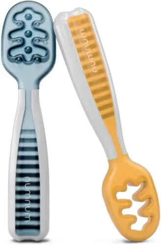 NumNum Precucharas de Aprendizaje Para Bebés, Juego de 2 Cucharas de Silicona (Etapa 1 + Etapa 2), #1 Recomendada por Nutricionistas y Expertos Baby Led Weaning, Ideal Blw, Naranja/Azul