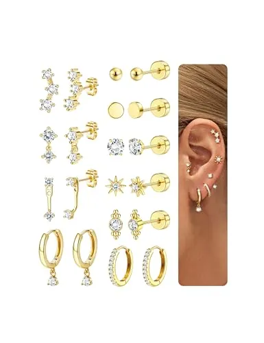 Chriscoco 10 Pares Pendientes Acero Inoxidable Mujer - 14K Oro Pendientes Hipoalergenicos Aros piercing Oreja Acero Quirurgico Brincos Aço Inoxidável Aretes Dorados Piercings Tragus Multi Piercing