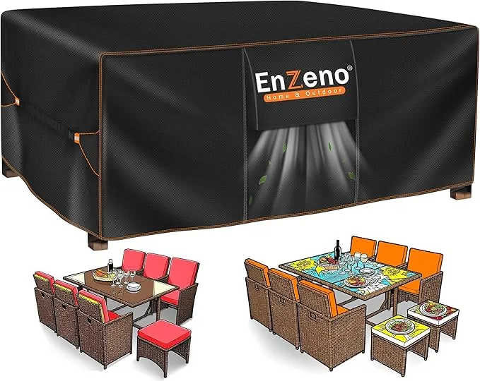 Enzeno Funda Mesa Exterior Impermeable,Cubierta Muebles Impermeable 180x120x74cm,Funda Conjunto Jardin Exterior Aplicable a Mesa y Sillas,Anti Viento, Anti UV