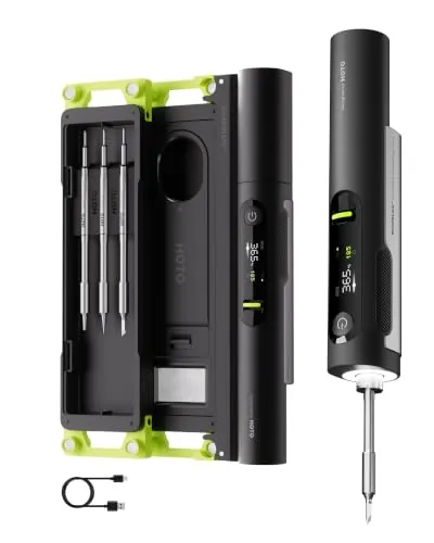HOTO SNAPBLOQ™ I-A06, soldador estaño profesional inalámbrico, USB-C | Soldador de estaño profesional 140 W/60 W, calentamiento en 3 s a 204 °C, 93–449 °C, pantalla LCD, 3 puntas C245