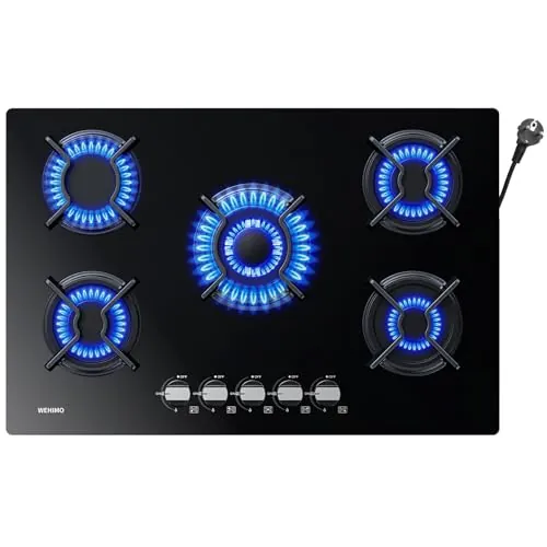 WEHIMO Cocina de gas de 5 fuegos, 77 cm, placa de gas empotrable, grosor de 8 mm, color negro, con protección automática de llama, para gas natural o GLP, 10500 W, 127-240 V