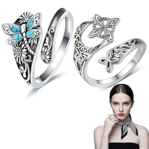 IWIDYA 2er Pack Anillo Nudo de Bruja Ajustable – Anillo Celta de Plata Vintage, Joya Simbólica de Protección para Mujer