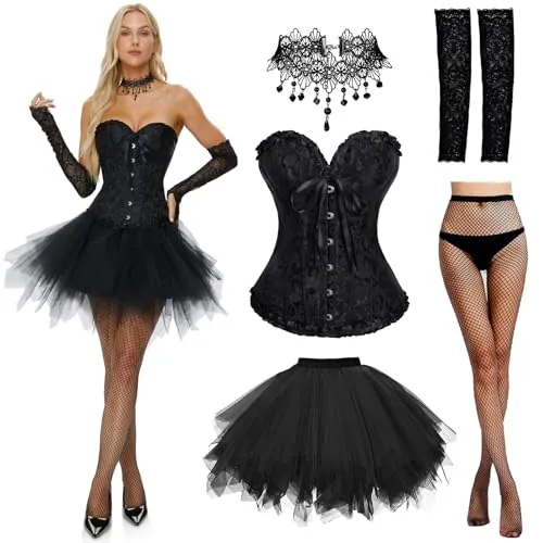 Joellfuner Corset y Falda de Tul Mujer, Halloween Disfraces Gótico 80s, Corset Encaje y Accesorios Negro de Mujer para Carnaval Cosplay Fiestas (Corto, 2XL)
