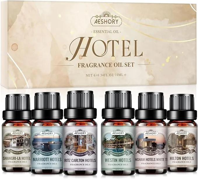 AESHORY Hoteles Aceites Esenciales para Humidificador 6 x 10ML, Aceite de Fragancia de Aromaterapia para Hoteles Populares, Shangri-La/Marriott/Ritz-Carlton/Hilton/Hotel Westin/Té Blanco