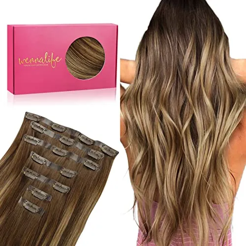 WENNALIFE Extensiones de Clip Seamless de Pelo natural, Balayage Marrón Chocolate a Rubio Caramelo 40cm 130g 7 Piezas Sin Costuras Extensiones Pelo Natural Extensiones de Cabello Remy Humano Natural