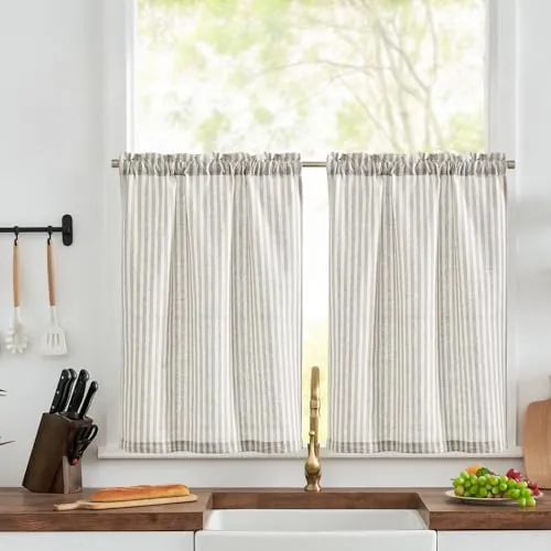 TOPICK Cortina de Cocina con Rayas con Bolsillo para Varilla Opaca Lino Aptas para Cocina Comedor Baño y Pequeñas Ventanas Gris sobre Beige Juego de 2 Unidades 65 x 60 cm