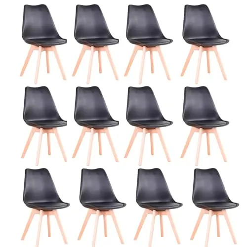 BenyLed Juego de 12 Sillas de Comedor con Asiento Tapizado y Patas de Madera de Haya Ideal para Comedor, Cocina, Salón, Dormitorio (Negro)