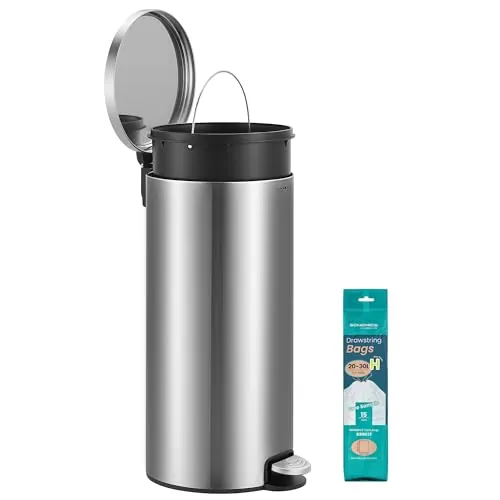 SONGMICS Cubo de Basura Redondo, Pedal de Metal, Acero Inoxidable, 30 L