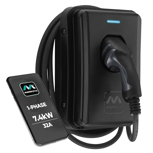 Masterplug Cargador de Pared Inteligente VE para Vehículos Eléctricos e Híbridos Tipo 2, con Cable Fijo de 5m, Modo 3, Control por App, Carga Solar, Monofásico, Negro, IP65, 7,4kW, 32A, EVCM3ST7B/EU