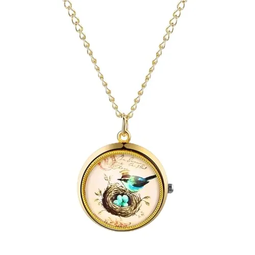 OIDEA Reloj de Bolsillo Giratorio para Mujer de Cuarzo Analógico con Decoración de Pájaros Escala de Números Arábigos y Cadena Para Uso Diario Colecciones y Regalo