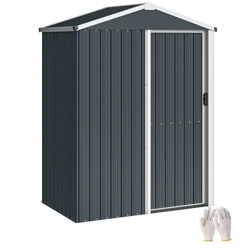 Outsunny Caseta de Jardín Exterior 1,1 m², 136x87x179 cm, Cobertizo de Jardín Exterior Metálico con Puerta Corredera, Techo Inclinado y Guantes, para Almacenaje de Herramientas, Gris Oscuro
