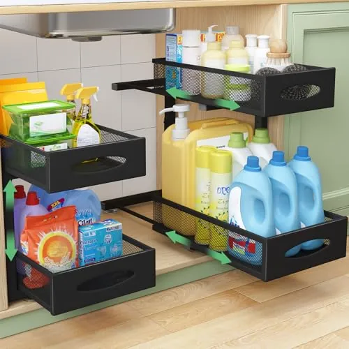 Kitstorack Organizador Bajo Fregadero de Metal - 2 Unidad Estante con 2 Niveles y Cajones de Malla Deslizantes - Altura Ajustable Organizador Cocina para Cocina, Baño y Armario (Negro)