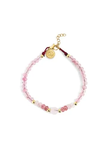 SINGULARU - Pulsera Amulet Rose Quartz. Acero bañado en Oro 18Kt y Piedras Naturales. Joyas para Mujer