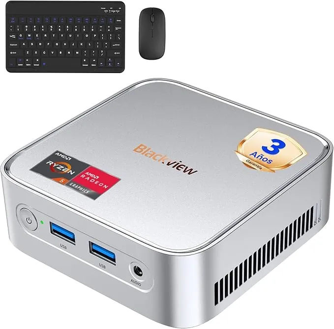 【Set Completo】Blackview MP50 Mini PC AMD Ryzen 5 (16GB RAM 512GB SSD) con Teclado y Ratón, Gráficos Radeon Vega 8, Win 11 Pro, HDMI/DP 4K, WiFi 5/BT 4.2,Mini Ordenador de Sobremesa para Oficina y Casa