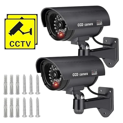 Jiavlyx 2 Piezas Cámara Falsa, Cámara Simulada De Seguridad, Camara Falsa Vigilancia Exterior, Cámara Falsa Vigilancia, con Luz LED Roja Intermitente, para Interior Y Exterior