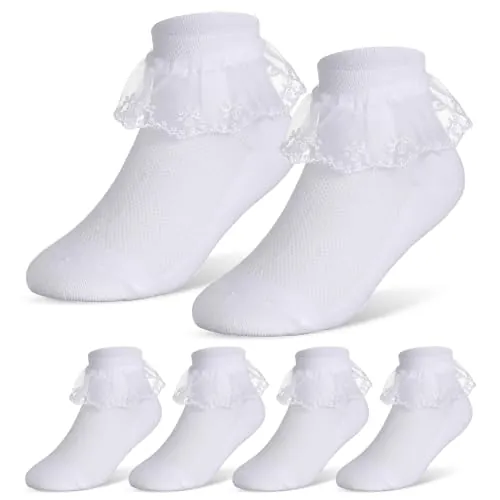 Geyoga 3 Pares Edad 8-12 Calcetines de Encaje Blanco con Volantes para Niñas Calcetines Escolares Sagrada Comunión (Clásico)