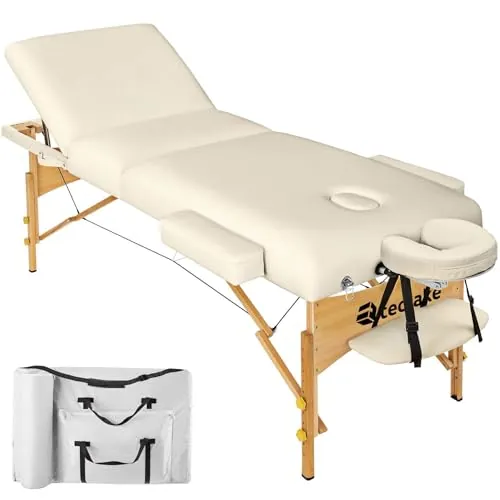 tectake Camilla Masaje Plegablle para Fisioterapia Tatuajes Quiromasaje, Camilla Portátil Ajustable para Estética Belleza, Carga 250kg y Acolchado de 7,5cm, con Accesorios - Beige