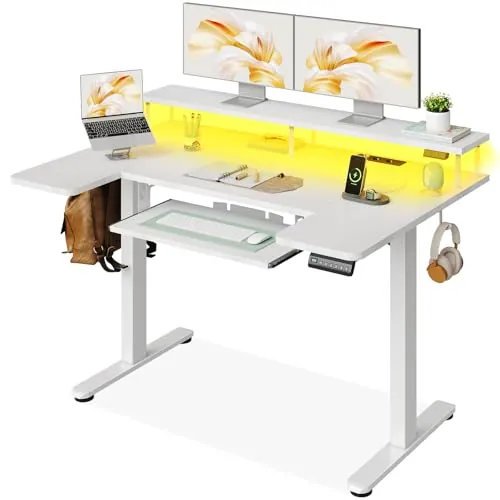 OffiGo Escritorio Eléctrico con Soporte Monitor 120×74 cm, Blanco | Cubierta forma en U, USB y enchufes integrados, Mesa elevable con 3 memorias, Escritorio regulable para oficina en casa