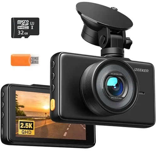 iZEEKER 2.5K Dashcam, Dash CAM Coche 1440P con Tarjeta SD de 32 GB, Camara Coche Grabadora, Pantalla IPS de 3", Visión Nocturna, WDR, Gran 170°, Grabación en Bucle, Sensor G, Modo de Aparcamiento 24H