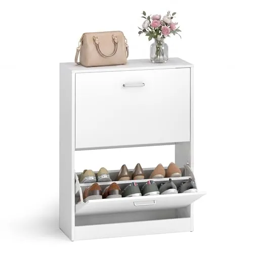 VASAGLE Zapatero Entrada Recibidor, 2 Puertas Abatibles | Organizador de Zapatos, Separadores Ajustables, para Entrada, 83.5 x 60 x 24 cm, Blanco, Custos LBC02WT