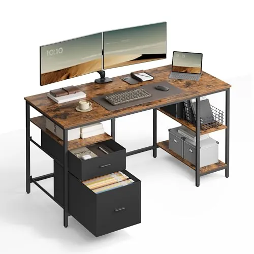 VASAGLE Escritorio, Mesa de Ordenador, Mesa de Oficina, con 3 Estantes, 2 Cajones, 60 x 140 x 76 cm, para Oficina, Salón, Estilo Industrial, Marrón Rústico y Negro LWD104B01