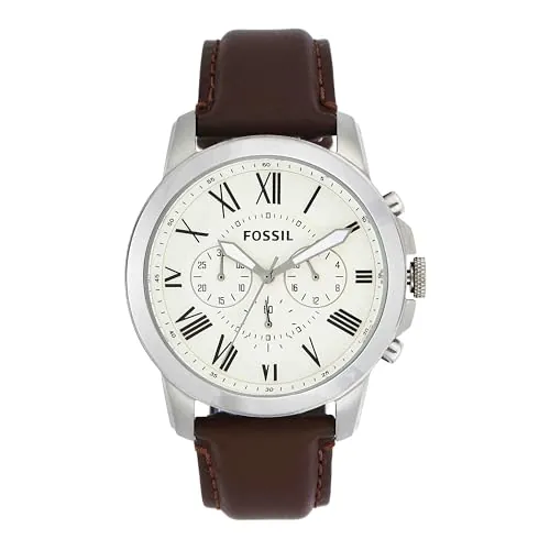 Fossil Reloj para hombre Grant, movimiento cronógrafo de cuarzo, caja de acero inoxidable plateado de 44 mm con correa de piel auténtica, FS4735