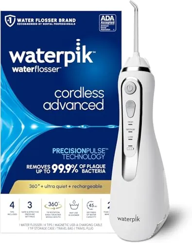 Waterpik Irrigador Dental Eléctrico con 3 Posiciones de Control del Agua a Presión con Cargador USB, Eliminación de Placa Dental óptimo para Viajar y para Baños Pequeños, Blanco (WP-580EU)