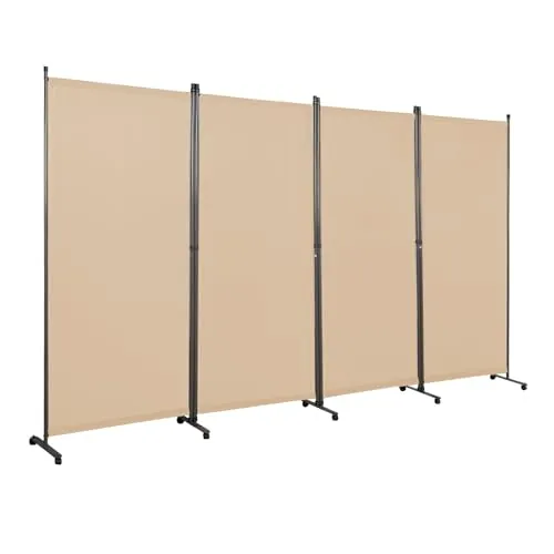 Angel Living Biombo con Ruedas 324 x 180 cm, Divisor de Habitaciones con 4 Paneles, Biombo Plegable, Decoración Elegante, Separador de Ambientes Plegable (Beige)