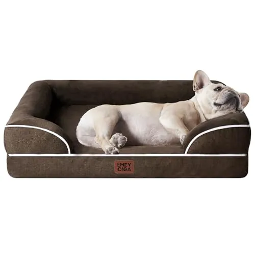 EHEYCIGA Cama Perros Medianos 76x51x16cm, Cama Perros Pequeños Impermeable Lavable con Espuma Viscoelástica, Sofá Perro Desmontable, Marrón