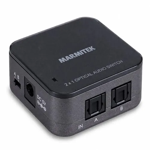 Switch Audio Toslink - Marmitek Connect TS21 - Audio Optical - 2 IN / 1 Out - S/PDIF - Frecuencia de Muestreo de 192 kHz - Dolby Digital - DTS - Interruptor Para Cable de Fibra Óptica - Control Remoto
