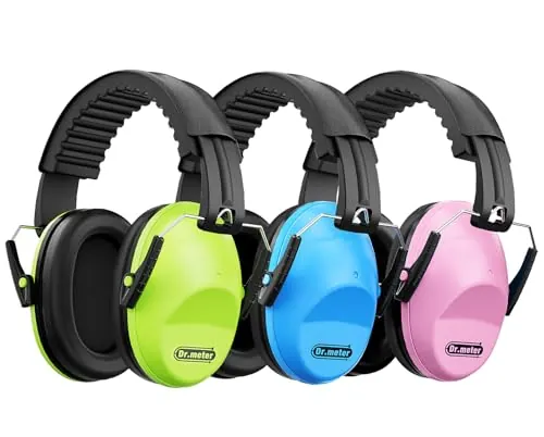 Dr.meter Cascos Antiruido para Niños, Cascos Ruido Niños Protección Auditiva SNR 27.4dB, Diadema Ajustable, Orejeras Suaves Cómodas, Reducción de Ruido para Estudio, Viajes Verde + Rosa + Blu