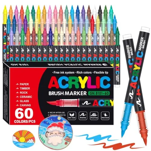 Laconile Juego de 60 rotuladores acrílicos de pintura acrílica para pintura de roca, cerámica, vidrio, piedra, tela de metal, bolígrafos de pintura acrílica a base de agua con punta de pincel flexible