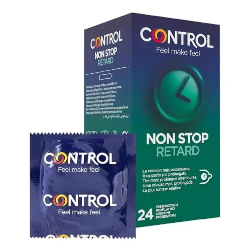 Control Non Stop Retard Preservativos- Caja de condones retardantes para una relación más prolongada, lubricados, ajuste perfecto, sexo seguro, 24 unidades (pack ahorro)